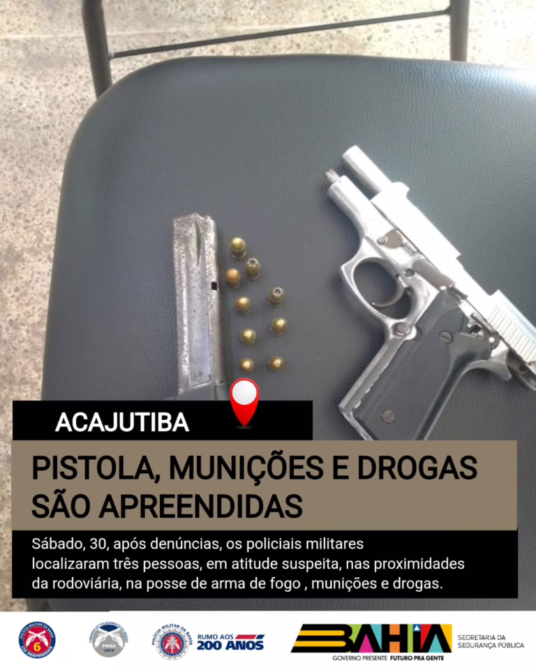 Polícia Militar prende suspeitos e apreende pistola, drogas e munições em Acajutiba