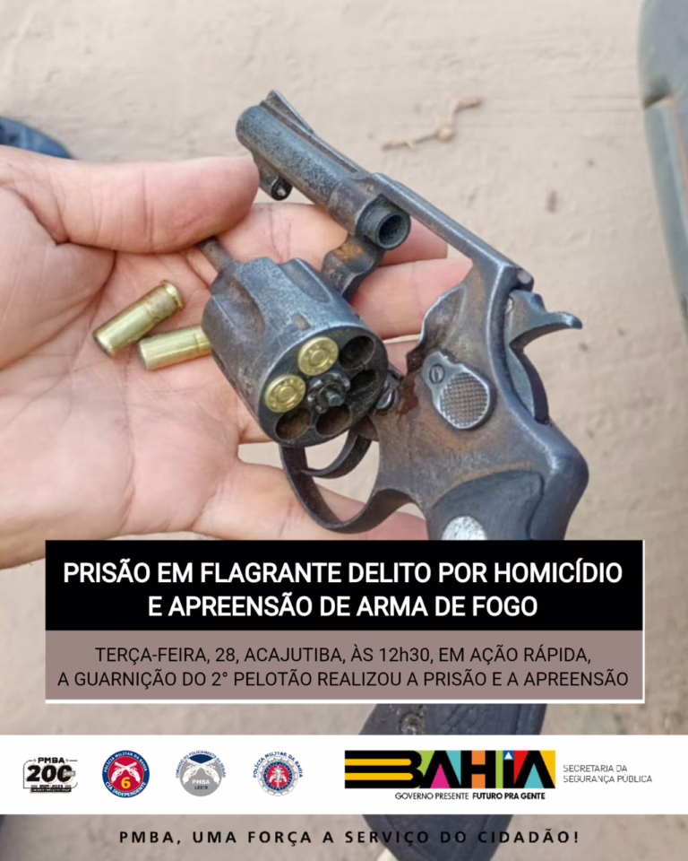 Prisão em flagrante por homicídio e apreensão de arma de fogo em Acajutiba