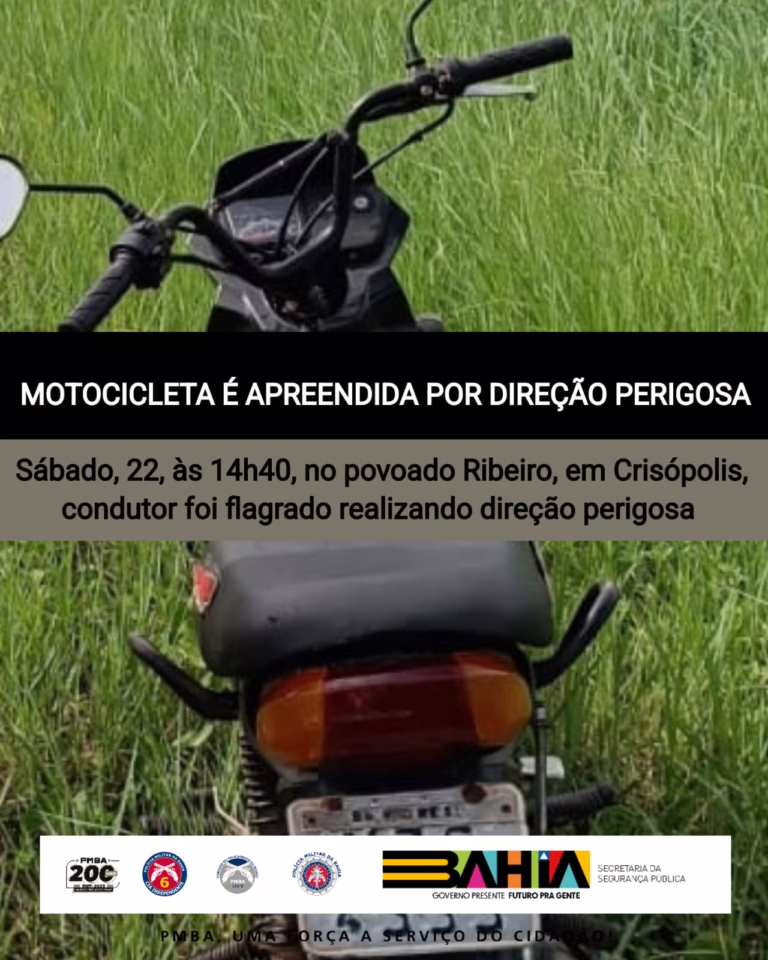 Motocicleta é apreendida por direção perigosa em Crisópolis