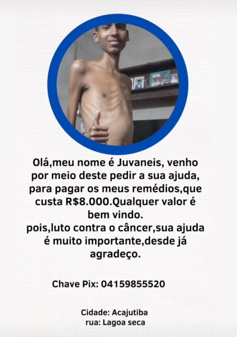 Jovem com câncer em Acajutiba pede ajuda para comprar remédios; Pix foi disponibilizado para doações