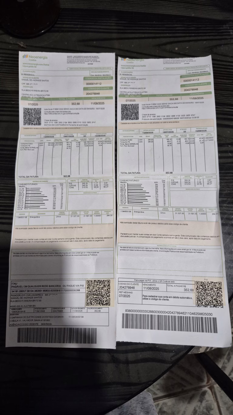 Moradores de Acajutiba recebem contas duplicadas da Coelba e levantam suspeita de golpe; empresa emite nota de esclarecimento