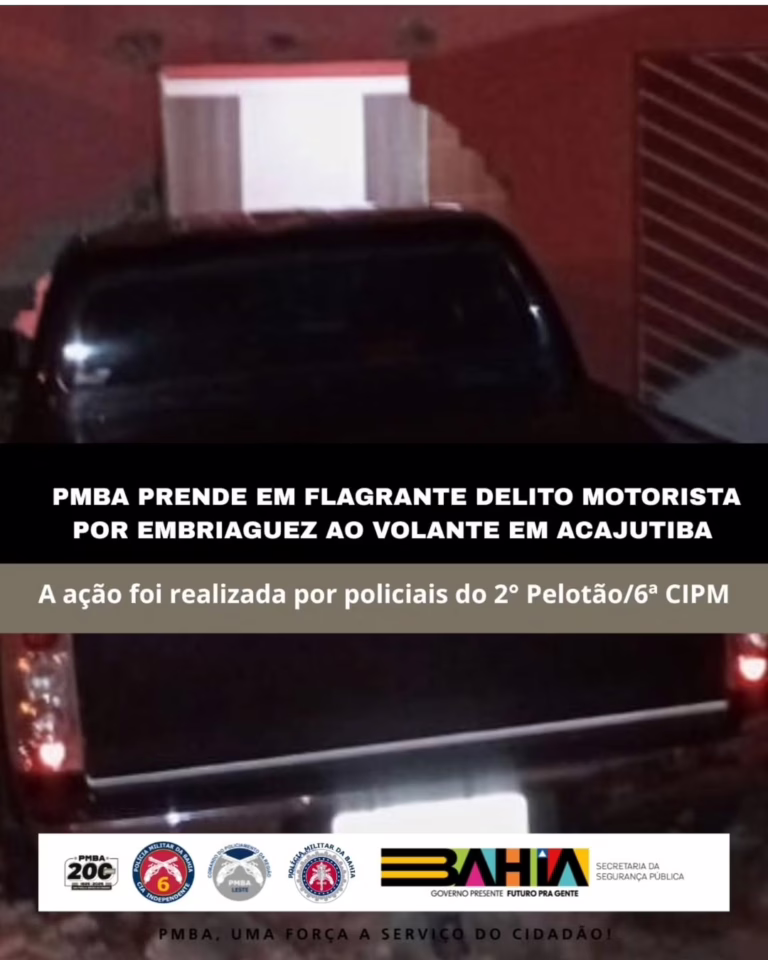 Motorista embriagado sem CNH colide contra residência e é preso em flagrante pela PMBA em Acajutiba
