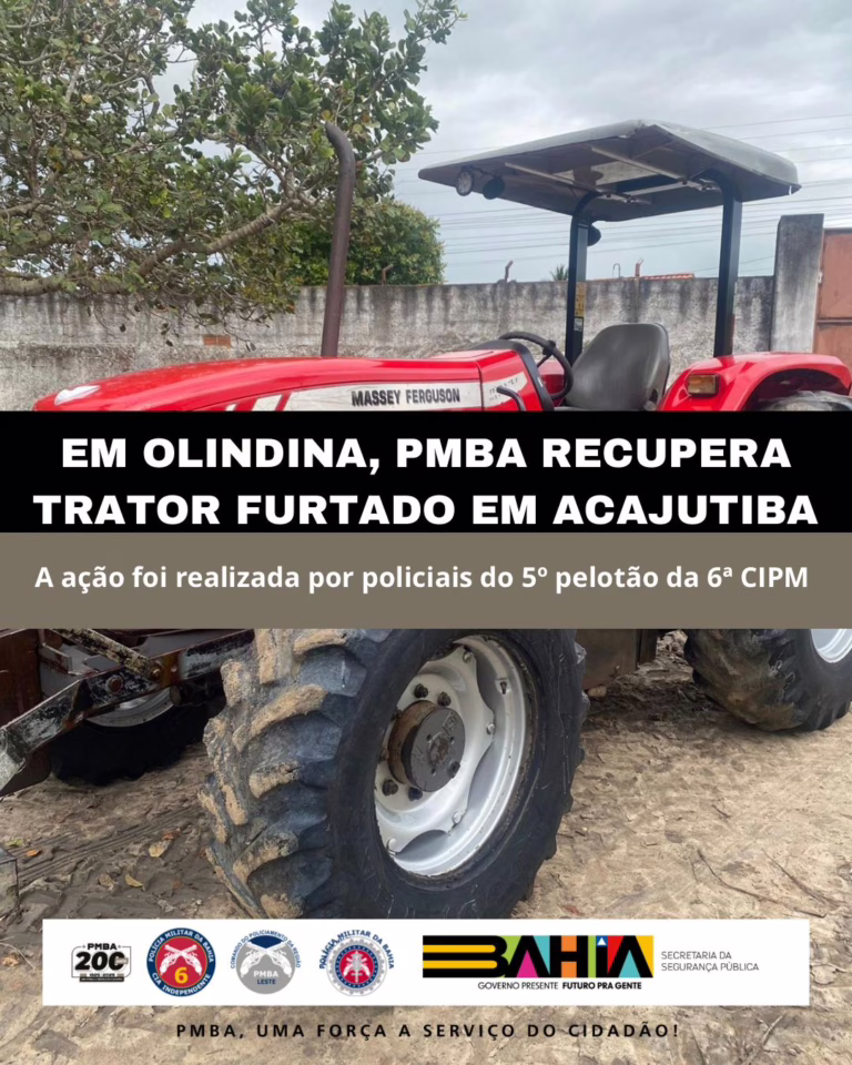 Trator furtado em Acajutiba é recuperado pela PMBA em Olindina