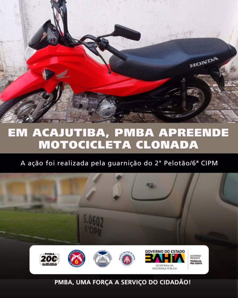 Motocicleta clonada é apreendida pela PMBA em Acajutiba