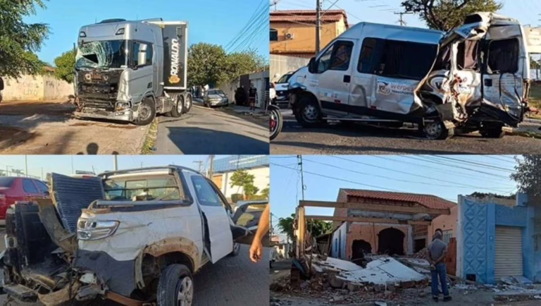 Carreta desgovernada provoca grave acidente em Juazeiro e atinge veículos antes de colidir com casa