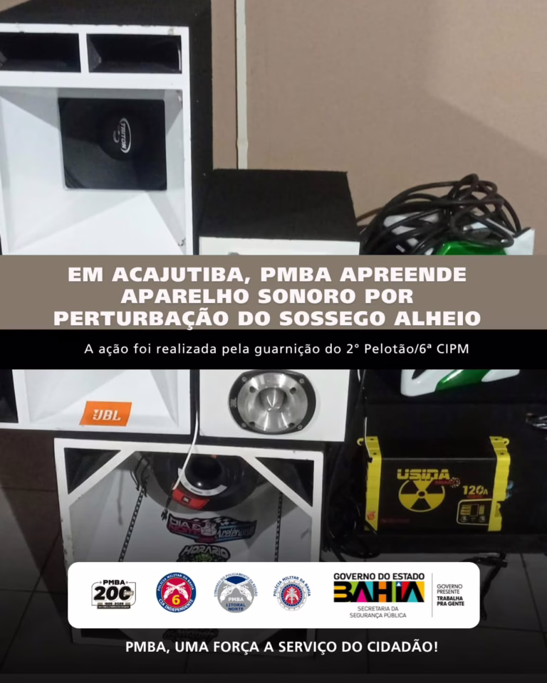 Acajutiba: Polícia Militar apreende aparelho de som automotivo por perturbação do sossego