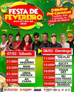 Folia confirmada! Acajutiba se prepara para dois dias de muita música e multidão na Festa de Fevereiro 2026