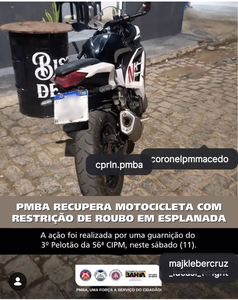 PM recupera motocicleta com restrição de roubo estacionada com chave na ignição em Esplanada