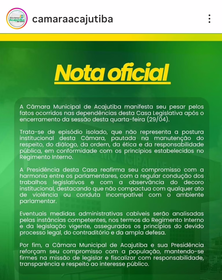 Câmara de Acajutiba emite nota de repúdio após agressão entre vereadores