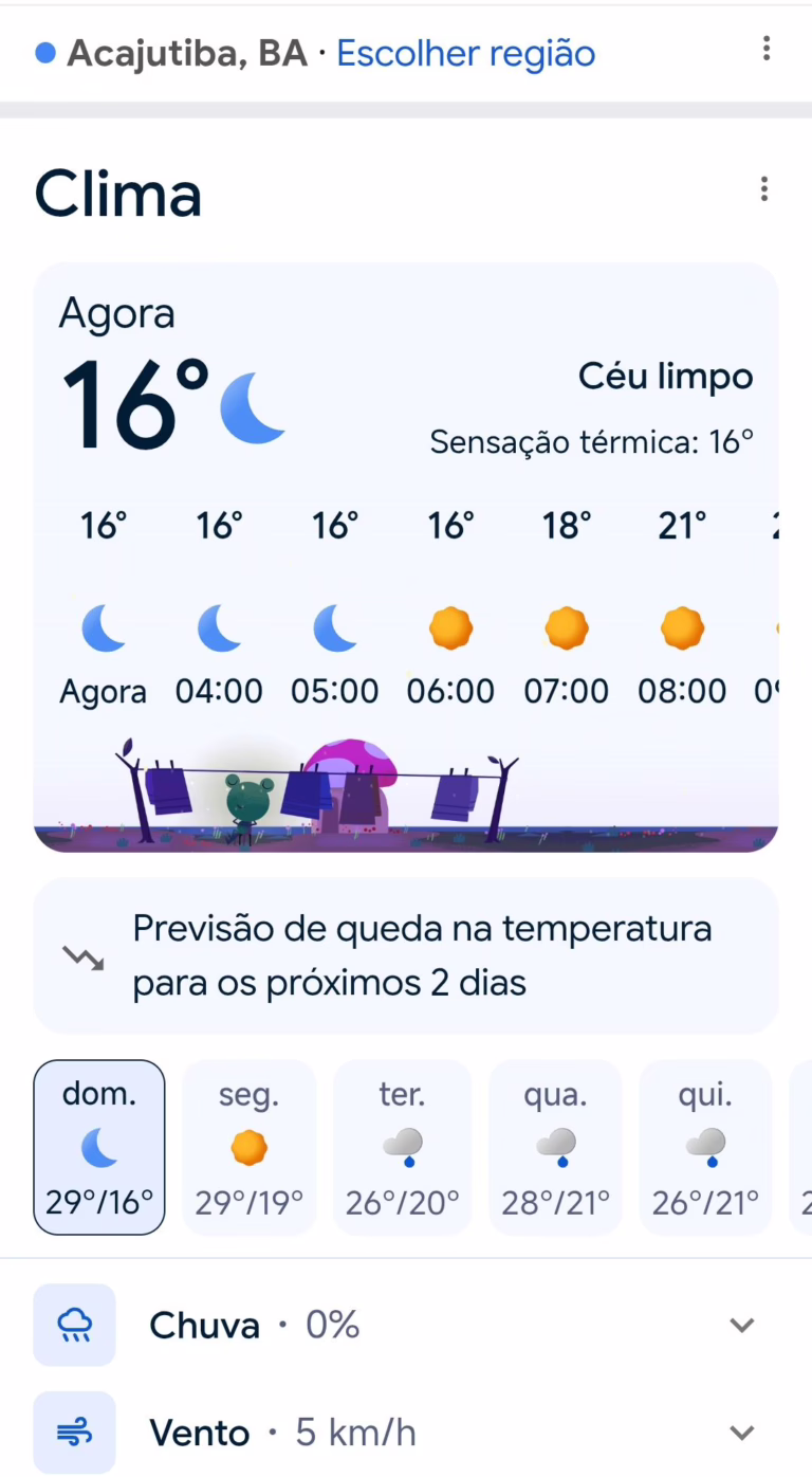 Acajutiba registra 16°C na madrugada deste domingo; máxima pode chegar a 30°C