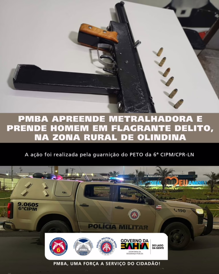 PM apreende metralhadora e prende homem em flagrante após atendimento de violência doméstica na zona rural de Olindina